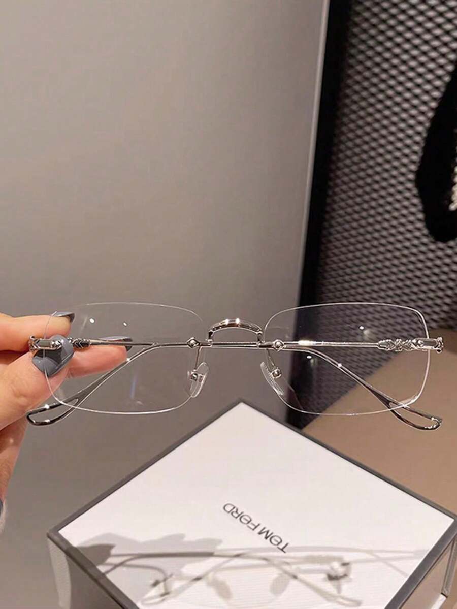 1pc Metallic Rimless Square Eyeglasses, Fashionable & Elegant For Men And Women - Clear - View 1