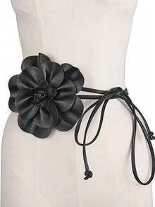 1 件纯色波西米亚风休闲优雅 PU 皮革时尚女士黑色花卉装饰腰带，适合所有季节秋季、万圣节 - 黑色 - 查看 2