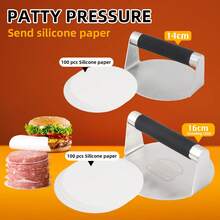 1 套不锈钢 14 厘米/16 厘米直径圆形汉堡肉饼压榨机，含 100 张烘焙纸，不粘汉堡肉压榨机，烧烤工具，便捷厨房小工具，易于清洁