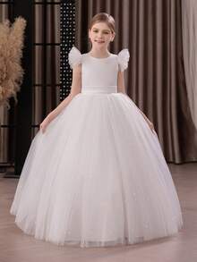 带蝴蝶结的少女派对礼服，网眼飘逸袖子，优雅的公主裙，适合女孩的生日礼物、宴会、舞会、正式活动、花童婚礼、钢琴演奏会、学校表演、礼服 - 白色 - 查看 2