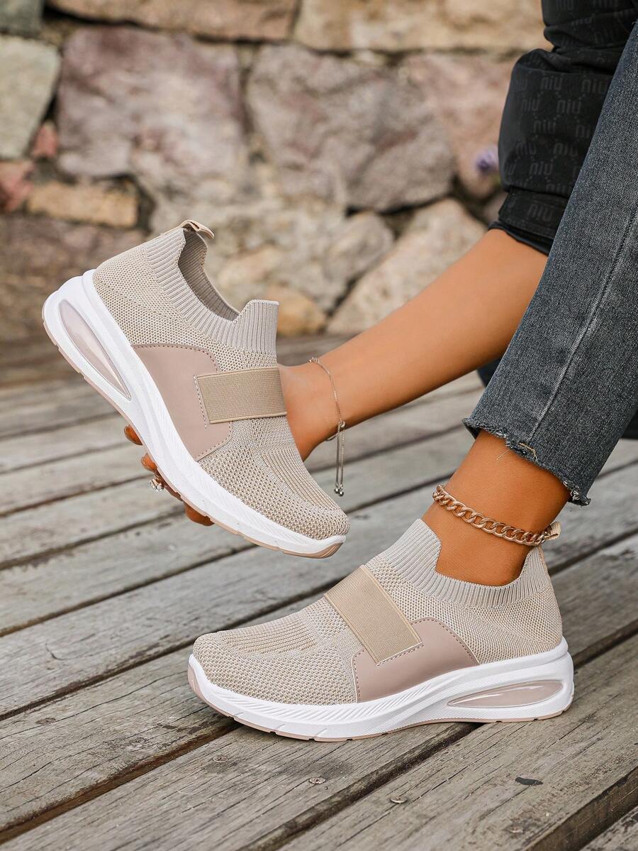 [ Women Slip-On Cushion Sports Shoes]PU & Mesh Fabric Patchwork, Strap Decor Design, Dual-Color Outsole, Anti-Slip & Soft, Breathable, [Khaki Color]Suitable For All-Day Wear - Khaki - View 1