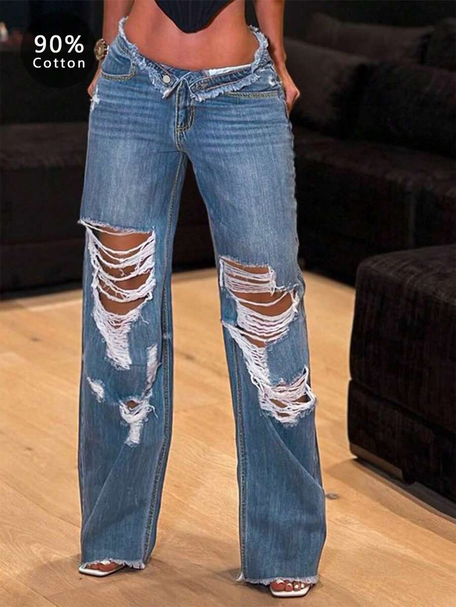 Women's Casual Versatile Sexy Ripped Straight Leg Jeans With Pockets - 中等水洗藍 - 查看 1