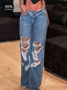 Women's Casual Versatile Sexy Ripped Straight Leg Jeans With Pockets - 中等水洗藍 - 查看 3