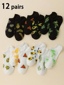 12 Pairs Unisex Black & White Cartoon Fruit Design Sports Ankle Socks