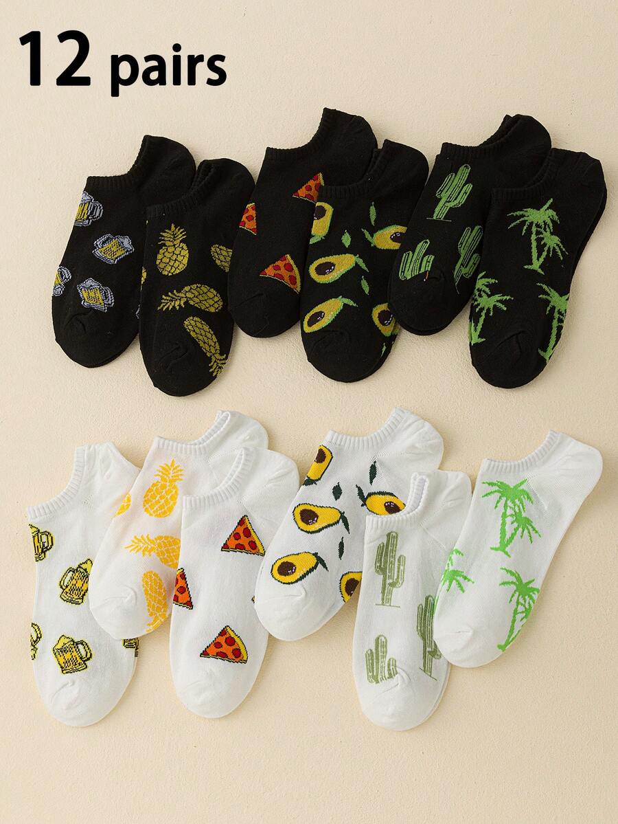 12 Pairs Unisex Black & White Cartoon Fruit Design Sports Ankle Socks