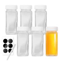 Juego de 8 piezas/6 piezas de botellas de vidrio de boca ancha para líquidos, botellas para tomar jengibre con tapas, envases para zumos de bienestar, botellas de agua cuadradas pequeñas de 4 oz/120 ml para uso en exteriores, a prueba de fugas.