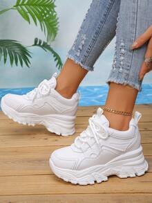 New Versatile Casual Women Shoes,Fashion Lace-Up Black Ladies Platform Thick Soled Sneakers - White - View 2