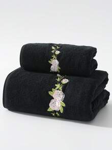 1件/2件/4件 玫瑰刺繡珊瑚絨毛巾浴巾，超柔軟、吸水、親膚、不掉毛、快乾手巾，戶外泳池毛巾、毯子、午睡毯，成人情侶居家日常用臉洗浴手巾，男女頭髮乾燥毛巾 70*140cm 浴室浴巾、34*75cm 面巾、或特大號 90*170cm 浴巾、40*80cm 毛巾 - 黑色 - 查看 3