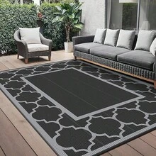 Outdoor Rug Garden Rugs Waterproof Reversible Plastic Carpet, Washable Large Outdoor Rug For RV, Patio, Camping, Picnic, Deck, Camper - Black & Grey - View 2