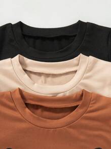 3pcs/Set Girls Cartoon Cat Print Solid Color Round Neck Short Sleeve T-Shirt And Shorts Set