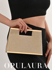 Ví cầm tay OpulAura thời trang có móc cài kim loại, thiết kế thanh kim loại vàng lấp lánh, túi xách trang trọng sang trọng và thanh lịch cho tiệc Gala, tiệc tùng, đám cưới, bao gồm dây xích có thể tháo rời - Vàng - Xem 8