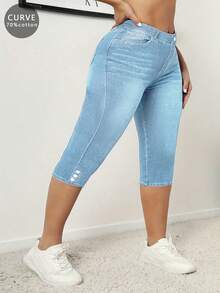 女性加大碼修身牛仔膝蓋褲 - 淺色水洗藍 - 查看 5