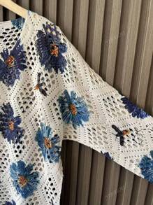 Women's Casual Floral Printed Hollow-Out Knit Tops For Holiday