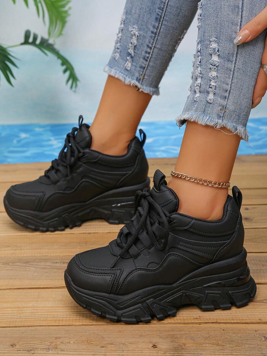 Sepatu Sneakers Wedges Platform Bertali Kasual Model Baru untuk Wanita - Hitam - View 1