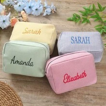 Corduroy Makeup Pouch Custom, Embroidered Name Makeup Bag, Travel Makeup Bag, Sanitary Napkin Storage Bag, Personalized Storage Bag, Makeup Bag, Travel Accessories Multi-Functional, Space-Saving, Letter, Striped Exquisite, Stylish, Tidy, Contracted, Casual, Basics Unique Treasurefinds, Adorable, Contracted, Monogrammed - Multicolor - View 5