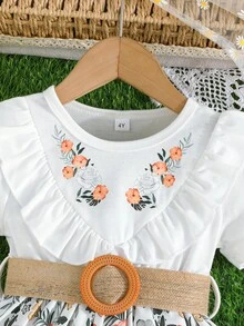 Girls' Short Sleeve Ruffle Floral Print Belted Dress, Elegant & Fashionable - White - View 3