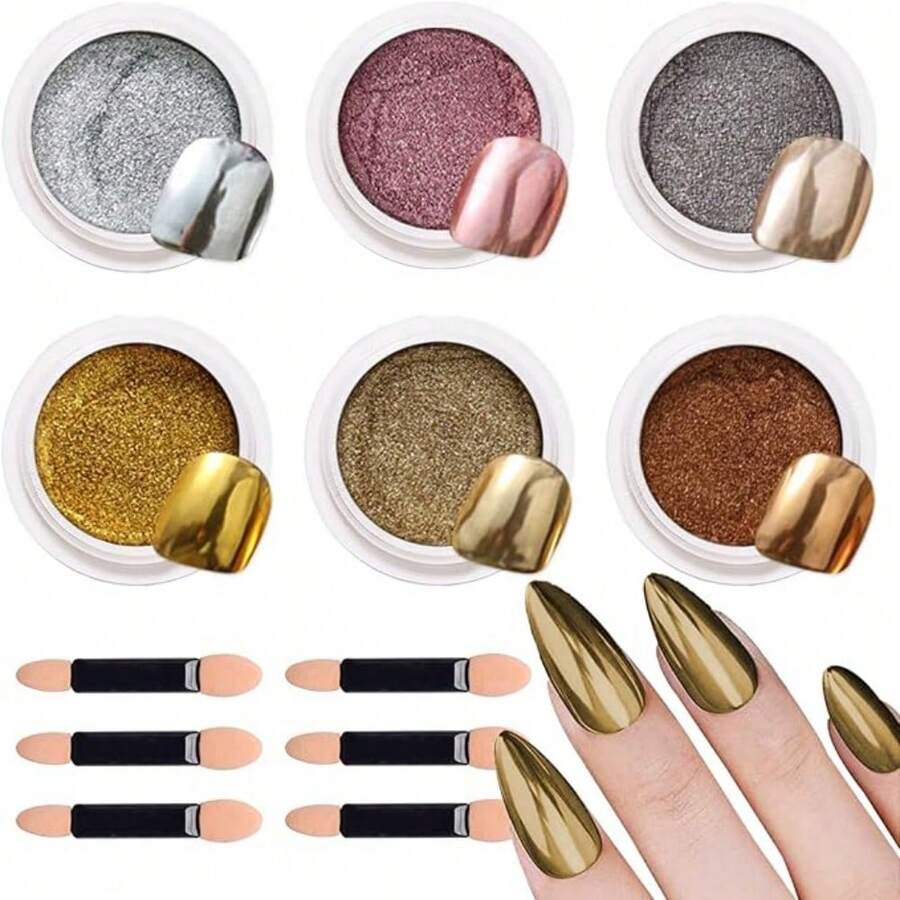 6 Colors Nail Powder, Powder With Pink,Silver,Gold Metal Mirror Effect, Holographic Nail Art Pigment Powder For DIY Gel Polish, Nail Art Decorations Y2K Holographic Sparkle, Aurora Nail Polish Powder, Fine Mirror Powder 0.5g - 彩色 - 查看 1