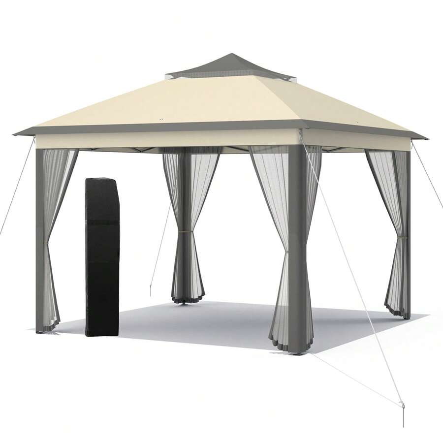 Lifezeal 11'x11' 2-Tier Pop-Up Gazebo Tent Portable Canopy Shelter Carry Bag Mesh Brown\Beige - Brown - View 1