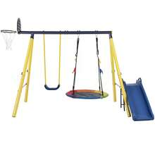 Swing Swing Seesaw Set With Metal Frame, Nest Tree Swing, , Seesaw Height Adjustable, Climbing Ladder & Climbing Net, Backyard Playground Outdoor Play Frame Toy - Yellow - View 2
