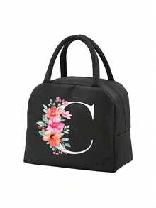 1pc Letter Print Insulated Lunch Bag, Thermal Lunch Tote, Handbag, Lunch Box, Ice Pack, Picnic Food Tote Bag, Canvas Lightweight Portable Lunch Storage Bag, Ideal For School, Office, Picnic, Birthday Gift, Souvenir. This Is A Novel Design With Large Capacity Portable Casual Lunch Insulation Bag, An Ideal Tote Bag For School Supplies. - Black - View 17