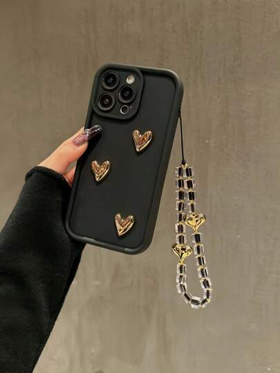 1pc Dopamine Fashion Gradient Frame Phone Case With 3pcs Gold 3D Heart + Crystal Heart Wrist Strap, Compatible With IPhone 12/13 Pro Max, Honor X7, Galaxy A56 5G, Infinix Smart 8, Infinix Hot 40i, Spark 20, Spark 20C, Spark Go 2024, Redmi Note 14 5G, Moto E22/E22i, OPPO A54, Minimalist Design For Daily Use And Outdoor Carrying Waterproof Shockproof Anti-Fall Scratch Resistant
