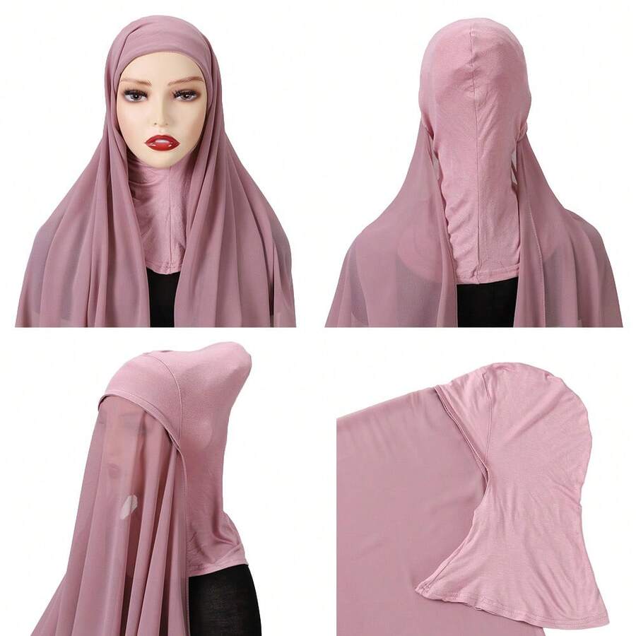 1 Set Instant Hijab With Modal Bonnet, Convenient And Non-Slip Chiffon Headscarf For Women - Multicolor - View 1