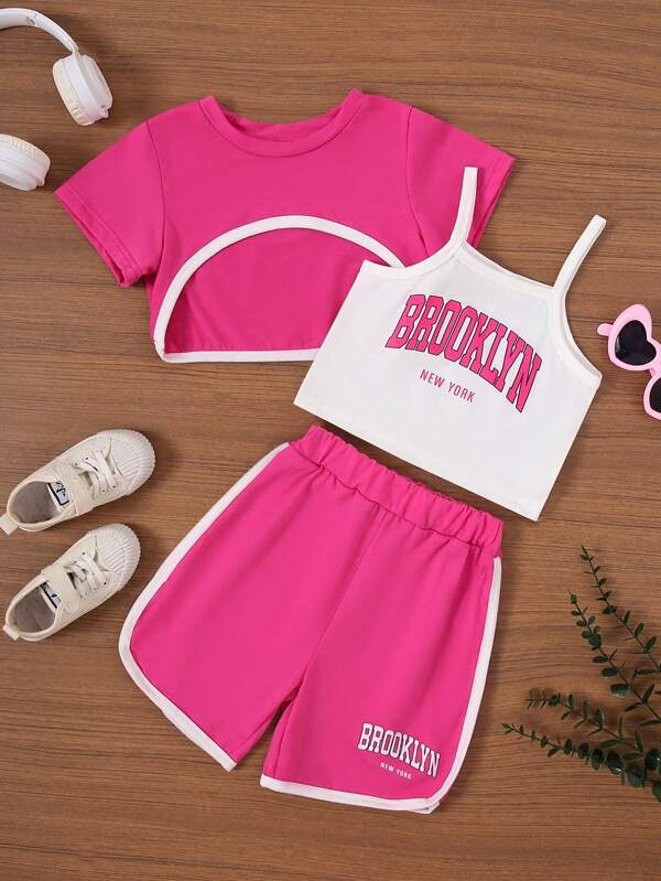 Conjunto de 3 piezas para niñas de verano: Top corto de manga corta en unicolor + Camiseta de tirantes con estampado gráfico de letras + Shorts de unicolor con estampado de letras