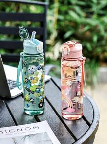 1 pieza Botella de agua a prueba de fugas de 800 ml con diseño de patrón de animal de dibujos animados lindo (dinosaurio, arcoíris), con pajita, correa de transporte y diseño a prueba de golpes - Adecuado para viajes, exterior, estudiantes, guardería, práctico para uso escolar