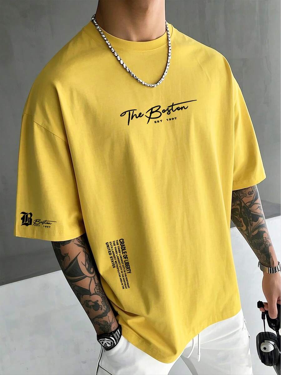 Men's Letter Print Round Neck Casual Short Sleeve T-Shirt, Suitable For Summer - Yellow - View 1