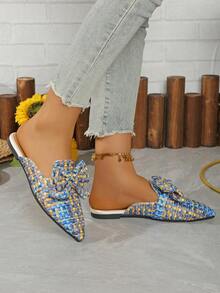 女士尖头白色蝴蝶结松紧带平底穆勒鞋，新款春秋户外日常休闲鞋，PU 皮革软底休闲平底鞋，多功能松紧带百搭平底女鞋 - 藍色 - 查看 6