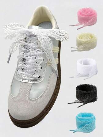 1/2pairs(100cm)Lace Shoelaces, Elegant Lace Shoelaces, Lace Bow Shoelaces, Elegant Satin-Lace Trim Ballet Style Shoe Laces, Geometric Hollow-Out Pattern, Sneakers, Casual Shoes Accessories, For Summer Daily Wear Casual Shoes, White Shoes