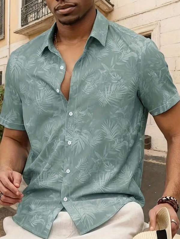 Men's Casual Holiday Tropical Plant Print Short Sleeve Shirt