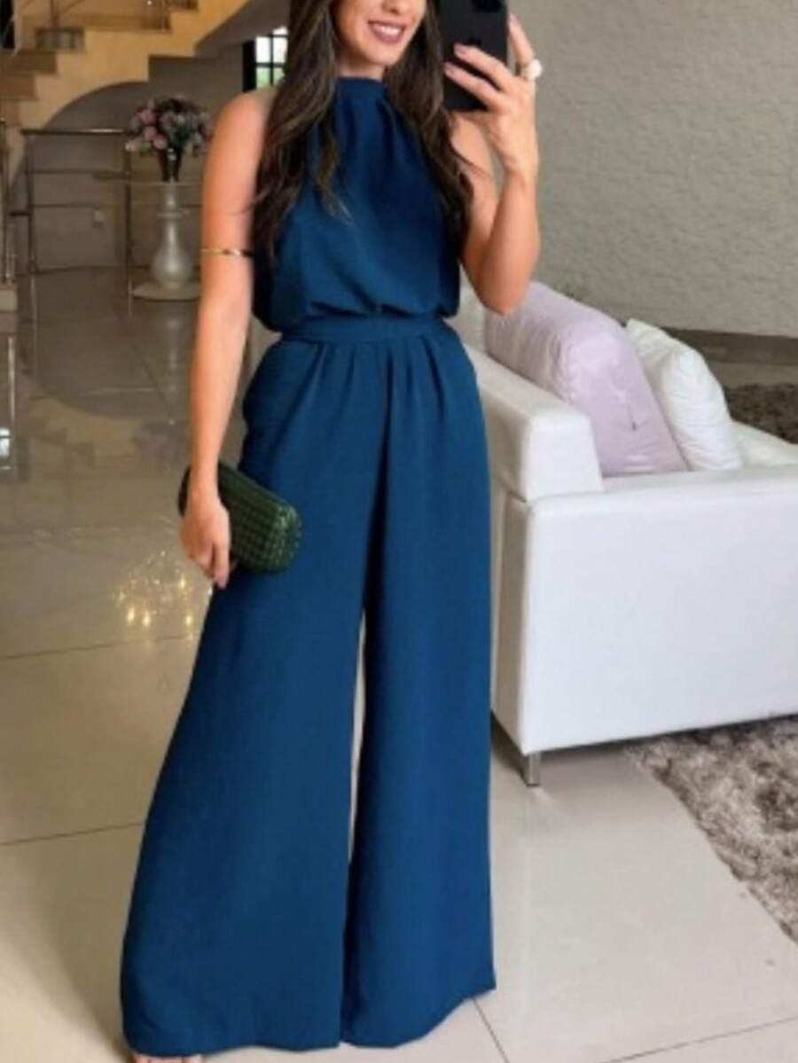 Off Shoulder Jumpsuit With Tie Back Style 2025SimpleElegantFabricJumpsuitAll - 水鴨藍 - 查看 1