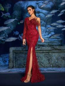 Faeriesty Haute Glamour Enchanting Sequined Mermaid Gown With High Slit & Intricate Beading - Fantasy Dress For Aquatic Banquets, Red Carpet Events, Marine-Themed Weddings & Luxury Photoshoots - Red - View 6