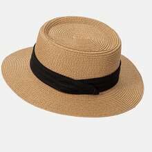 1pc Men's British Style Flat Top Beach Hat, Large Brim Sun Shade Straw Woven Hat, Windproof UV Protection Beach Hat, Foldable Panama Hat - Multicolor - View 8