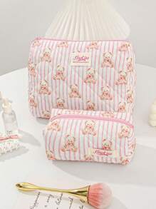 1 Piece Pink Stripe Multi-Purpose Portable Storage Bag Set For Home And Travel Cosmetic Bag Cute Bear Makeup Storage Makeup Organizer Travelling Stuff College Vacation Necessary Makeup Pouch Perfect Underarm Bag Portable Zipper Makeup Bags Mini Pouch Travel Small Makeup Case Accessories Make Up Holder Brush Bag