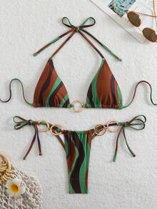 LUCKY HOLIDAY Conjunto de bikini triangular decorado con aros dorados, de moda y sexy