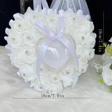 1 pieza Caja de anillo con forma de corazón romántica con rosa decorativa y rhinestones - cada centro de flor está decorado con piedras de cristal premium, adecuado para cualquier boda