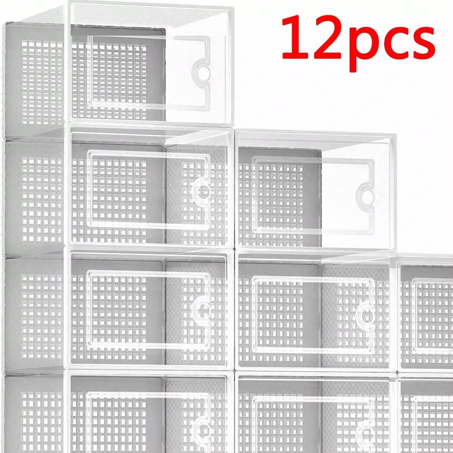12Pcs Transparent Clear Shoe Storage Box Rack Plastic Organizer Boxers Stackable - White - View 1