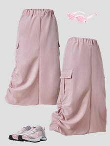 Una falda plisada de color rosa suave con bolsillos a ambos lados, falda ajustada tipo A, adecuada para uso casual al aire libre en primavera y verano para chicas, cómoda y de moda. - Rosa - Ver 2