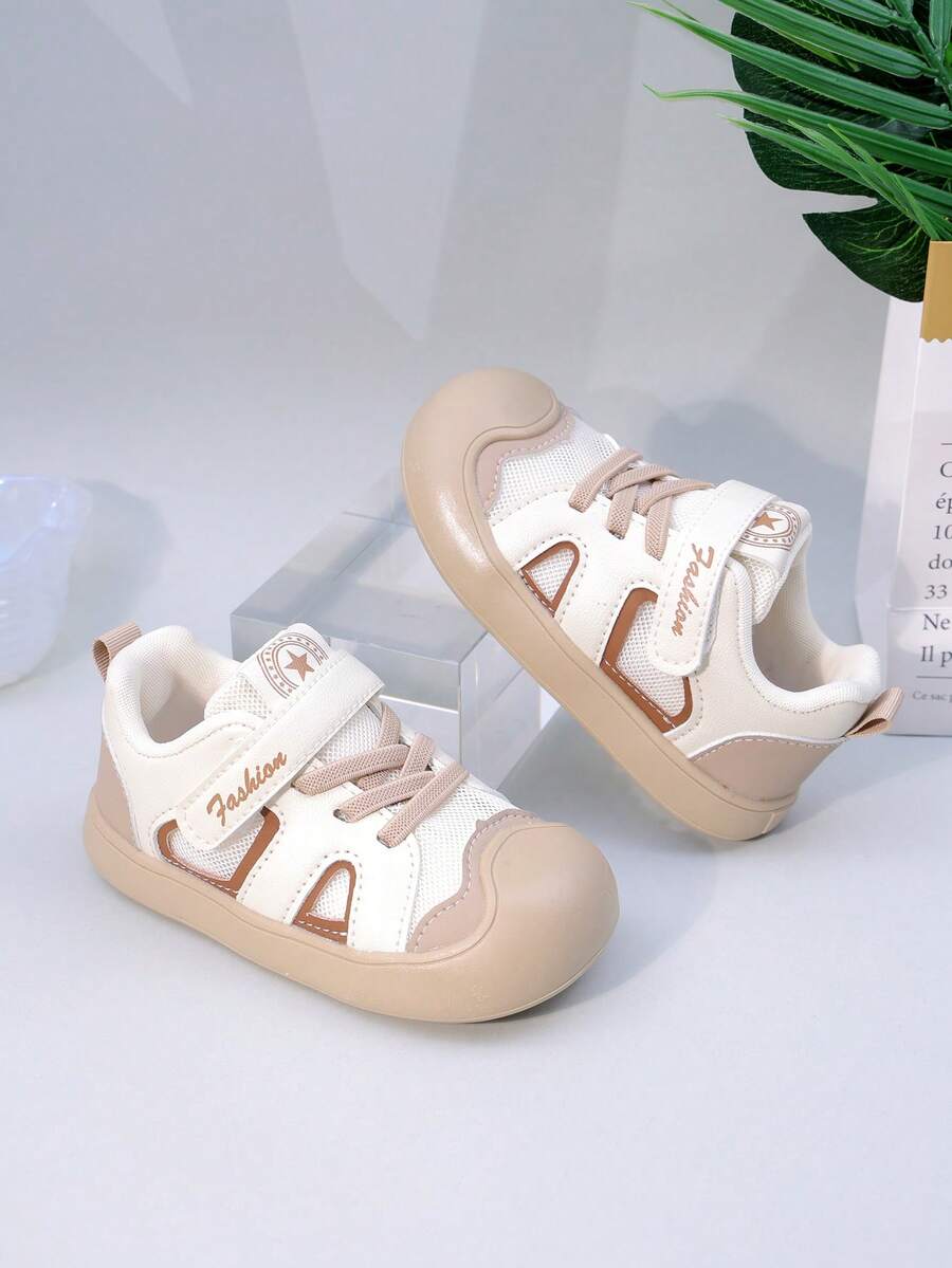 全新春季儿童跑步鞋低帮钩环女童鞋幼儿/小孩休闲网眼透气男童运动鞋时尚厚底婴幼儿宝宝厚底运动鞋爬行鞋 - 米色 - 查看 1