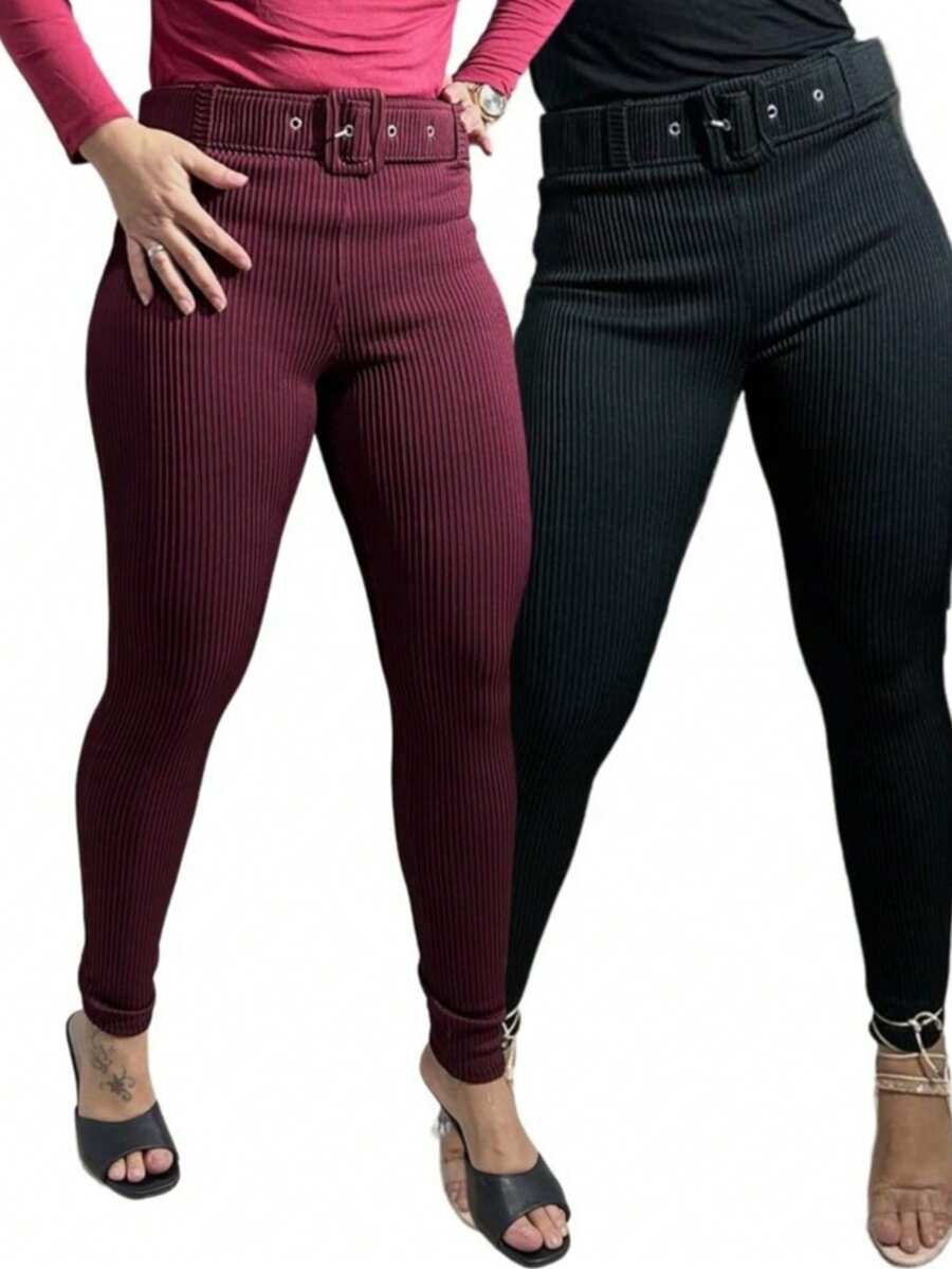 PREMIUM 3D RIBBED SHAPING PANTS WITH BLOGGER BELT - Burgundy - View 1