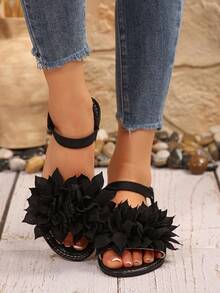 New Plus Size Women Comfy Simple Round Toe Elastic Band Lotus Decor Flat Sandals, Casual Fashion Open Toe Slip On Beach Summer Shoes - Black - View 5