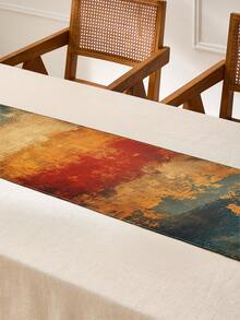 1pc Vintage Style, Distressed Texture, Red Yellow Blue Gradient, Abstract Geometric Striped Pattern Rectangular Single-Sided Printed Table Runner, Suitable For Daily Restaurant Kitchen Dining Table Decor, Cabinet Cover, Indoor/Outdoor Party, Gift For Family