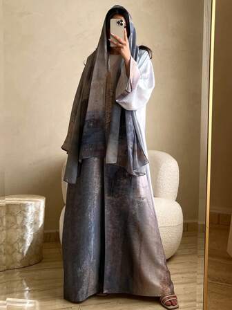 Elegant Landscape Printed Hijab Scarf, Long Sleeve Cover Up Abaya Robe, European, Arabic Style For Women, Modest Kaftan