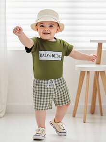 Baby Boy Shorts Set Letter Patch Embroidered Short Sleeve T-Shirts Plaid Elastic Waist Shorts 2 Piece Outfit - 綠色 - 查看 5
