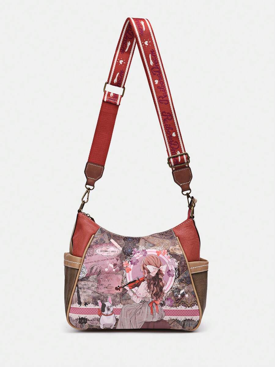 Sweet & Candy Women's Fashionable PU Leather Crossbody Bag, Cute Cartoon Print Butterfly Design, Popular Original Creation, Lightweight And Portable For Travel, School, Commuting, Vintage, College Style - Pink-a - View 1