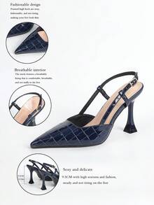 Fall/Winter 2025 Women's Pointed Toe Glossy Leather Accent Buckle Block Heel Slingback Pumps - Wine Red, Elegant - Navy Blue - View 12