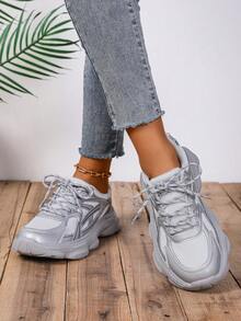 1 Pair Of Women's Sports Shoes Breathable, Comfortable And Lightweight Thick Sole Mesh Fashion Fabric Leather Stitching Silver Casual Running Shoes Suitable For Spring/Summer Fitness Travel - Silver - View 2