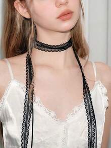 多层蕾丝丝带细长围巾项链，带领口设计，适合春夏季节 - 彩色 - 查看 5